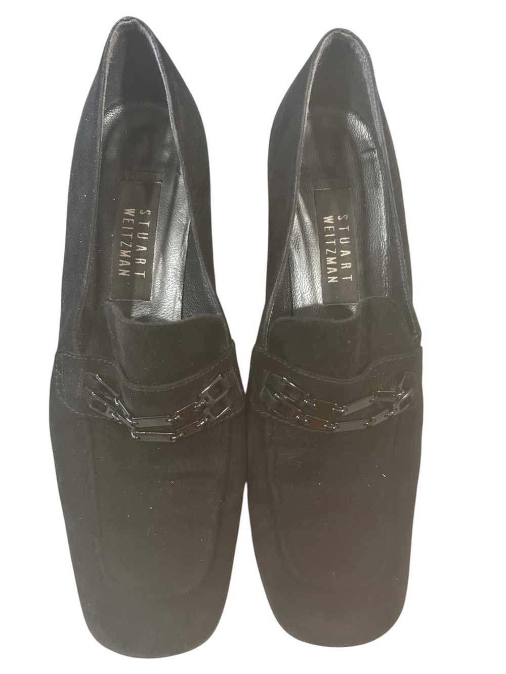 Stuart Weitzman Black Suede Loafer 9.5 B Chain Block Heel dark academia office - Picture 13 of 16